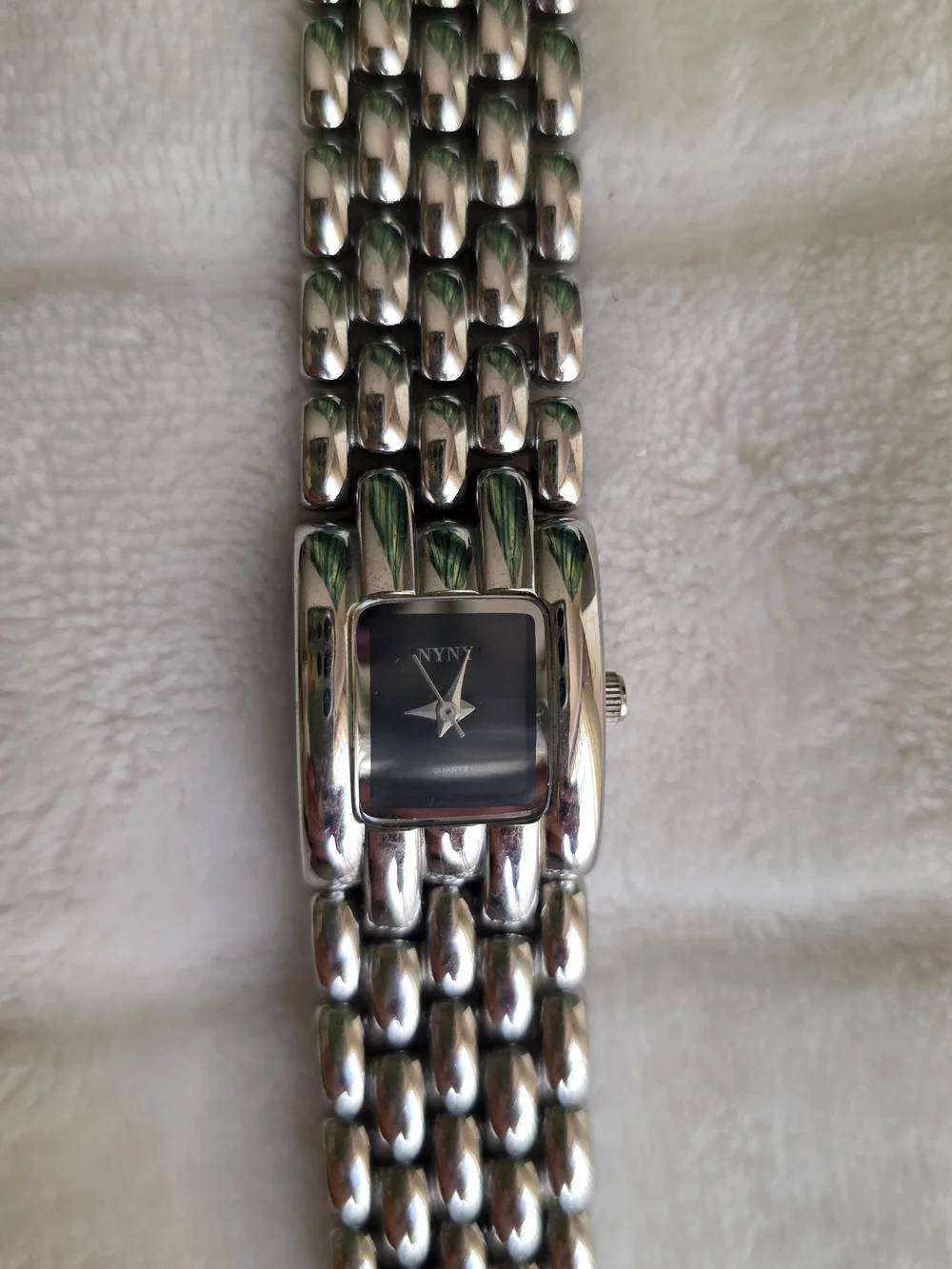 NYNY Silver Link Bracelet Watch with Black Dial